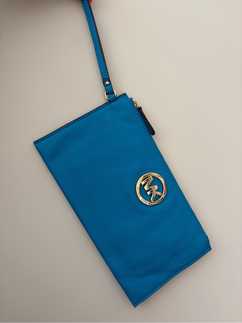 Michael Kors Turquoise Blue Leather Wristlet Clutch with Gold Logo